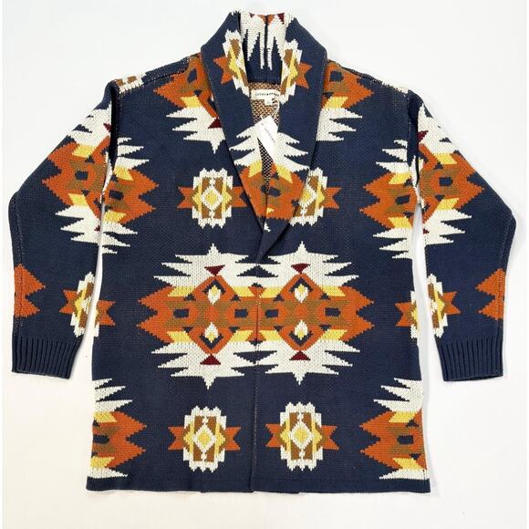 Lucky Brand Aztec Tribal Cardigan Sweater Coatigan Large Shawl Collar Southwest - Picture 1 of 11